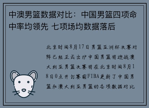中澳男篮数据对比：中国男篮四项命中率均领先 七项场均数据落后